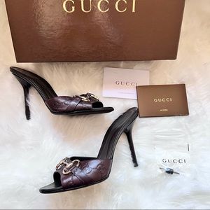 GUCCI GG Logo Guccissima Horsebit Leather Mules Heels